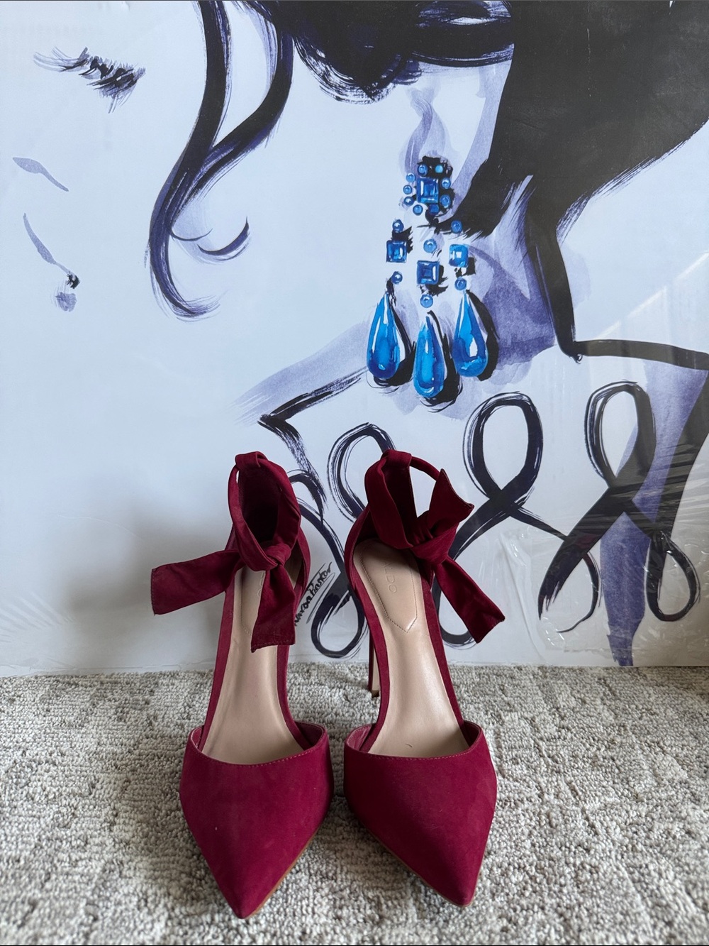 Aldo Burgundy Pointed Toe Ankle Tie Pumps